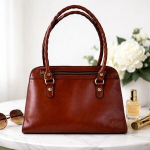 Patricia Nash Italian Leather Satchel Cognac Structured Vintage Style Bag